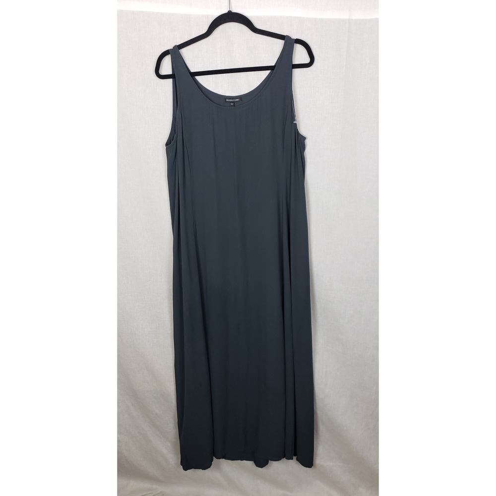 Eileen Fisher 100% Silk Crepe Sleeveless Maxi Dress Charcoal Gray L Quiet Luxury